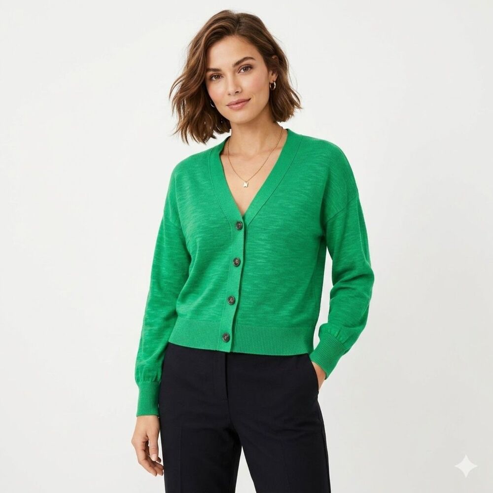 LOFT Kelly Green Textured Knit  Ramie Wool Blend Cardigan Sweater SZ L